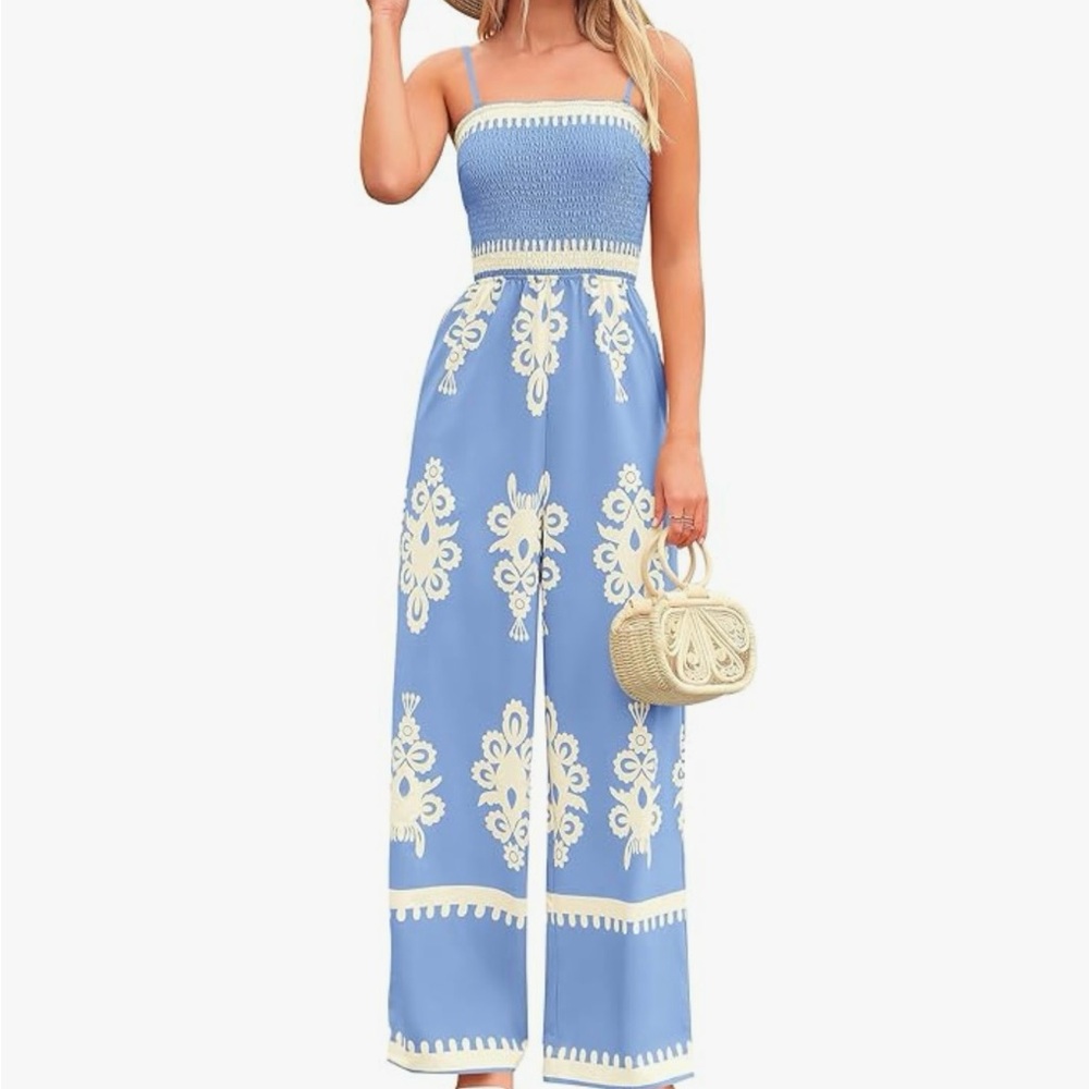 Cream and Blue Ornate Pattern Jumpsuit - Picture 1 of 6